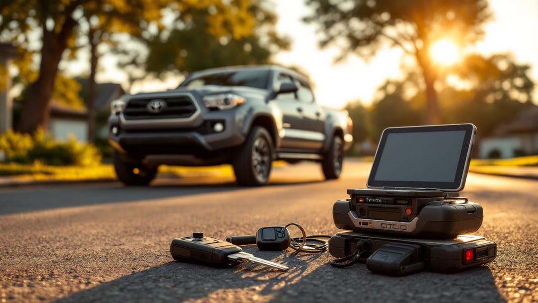 Llave con chip de Toyota Tacoma junto a una máquina de corte y un programador automotriz, con la troca al fondo bajo luz de media tarde
