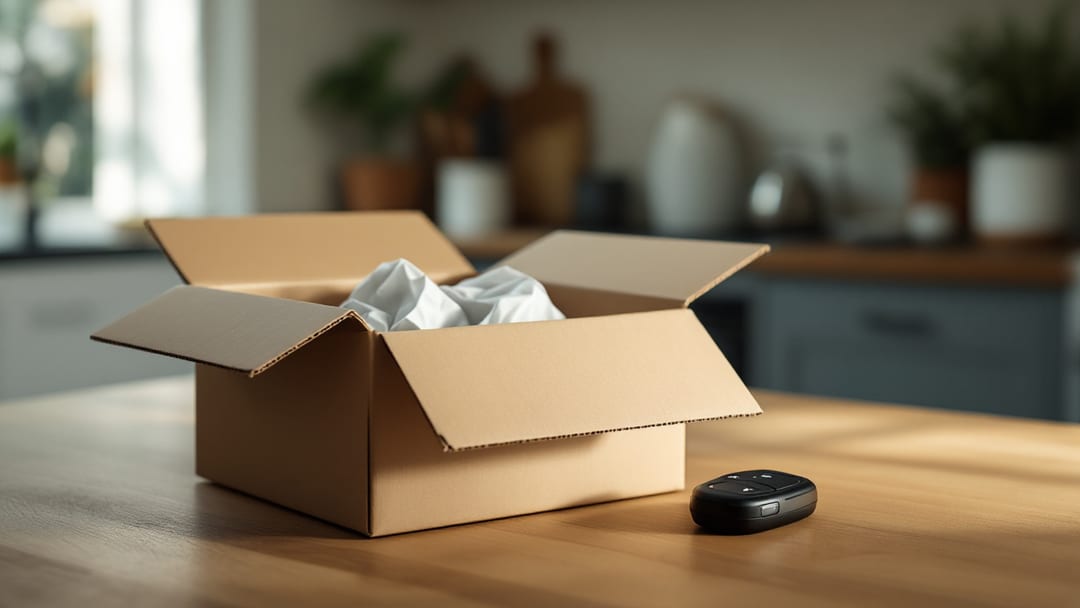 Paquete de mensajería abierto sobre una mesa con un control remoto de vehículo dentro