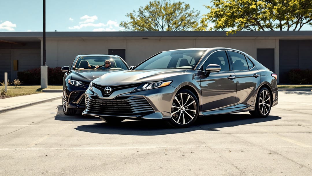 Toyota Camry sedán con smart key y tablet programador en estacionamiento suburbano de Texas bajo sol de mediodía