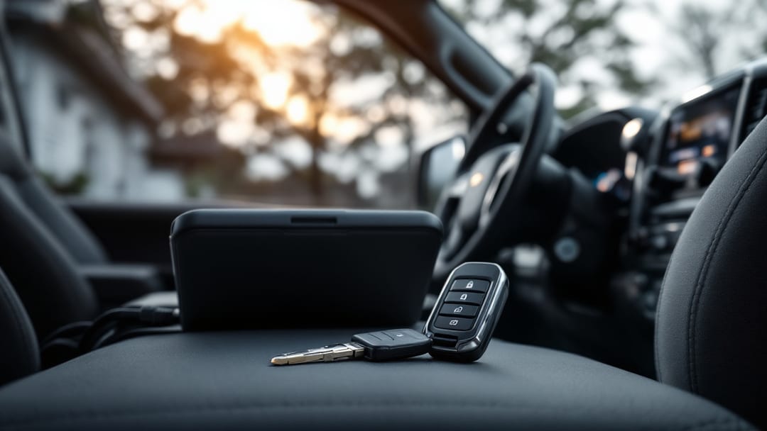 Key fob nuevo de Chevrolet Silverado junto a un programador OBD sobre el asiento de la troca en una mañana nublada en Grand Prairie, Texas
