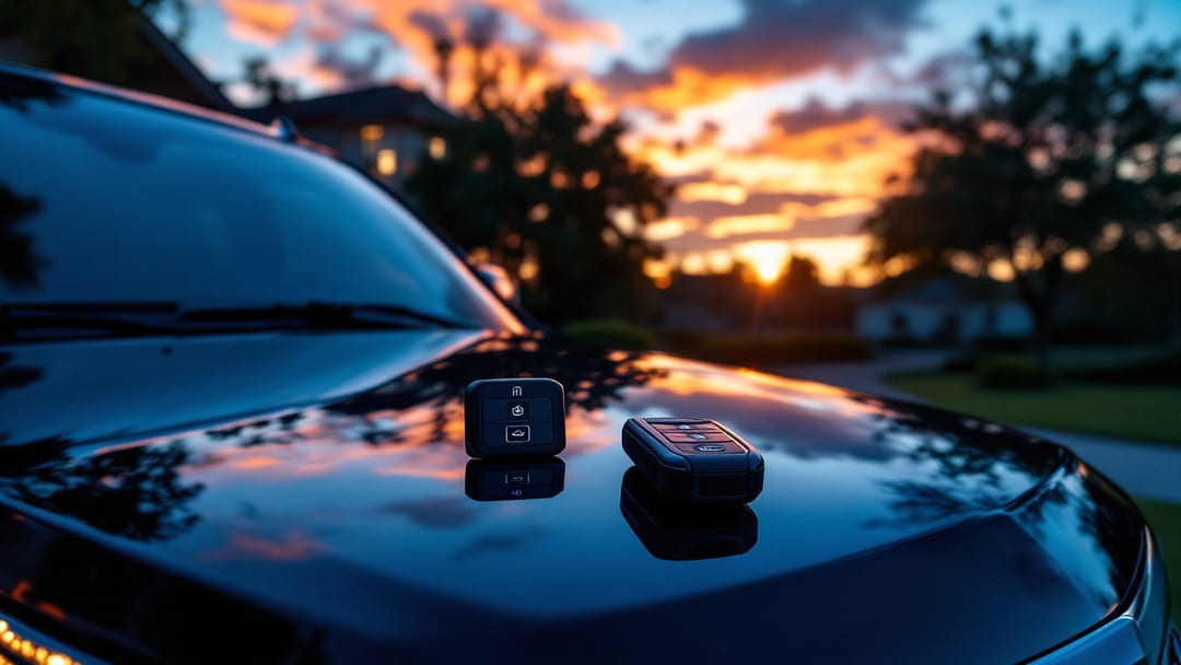Cadillac Escalade de lujo con smart key fob y tablet programadora en un atardecer suburbano de Texas