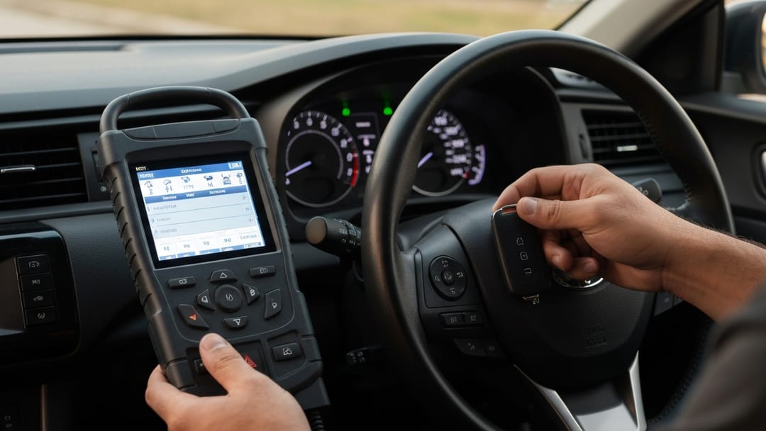 Cerrajero hispano programando smart key con escáner Autel en un Toyota Camry, Grand Prairie Texas